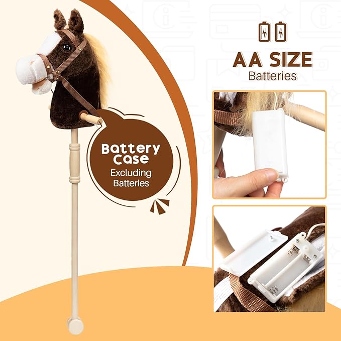 HollyHOME Stick Horse Plush Handcrafted Hobby Horse on a Stick with Wood Wheels Real Pony Neighing and Galloping Sounds for Kids Toddlers Chocolate 36 Inches(AA Batteries Required)