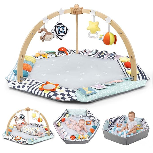 Baby Play Gym Activity Mat, 6 Developmental Zones Wooden Tummy Time Mat with 7 Detachable Sensory Toys for Motor Skill & Sensory Development, Baby Toys Gift for Toddler Infant 0-6-12-18 Month