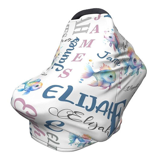 Personalized Baby Car Seat Cover with Name Stroller Canopy Custom Rainbow Fish Carseat Cover Newborn Baby Boy Girl Nursing Cover for Moms First Birthday Gift