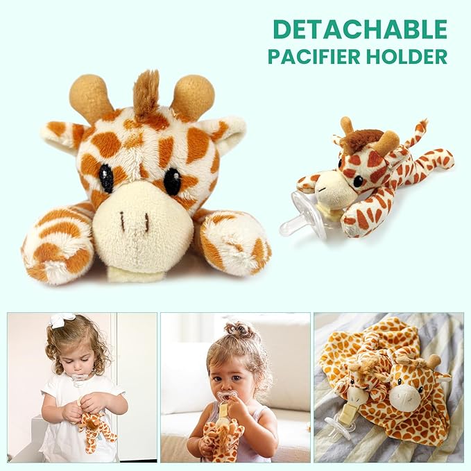 Detachable Pacifier Holder – Silicone Pacifier with Stuffed Animal – Removeable Baby Pacifier Holder for Cuddling with Comfort, (Giraffe)
