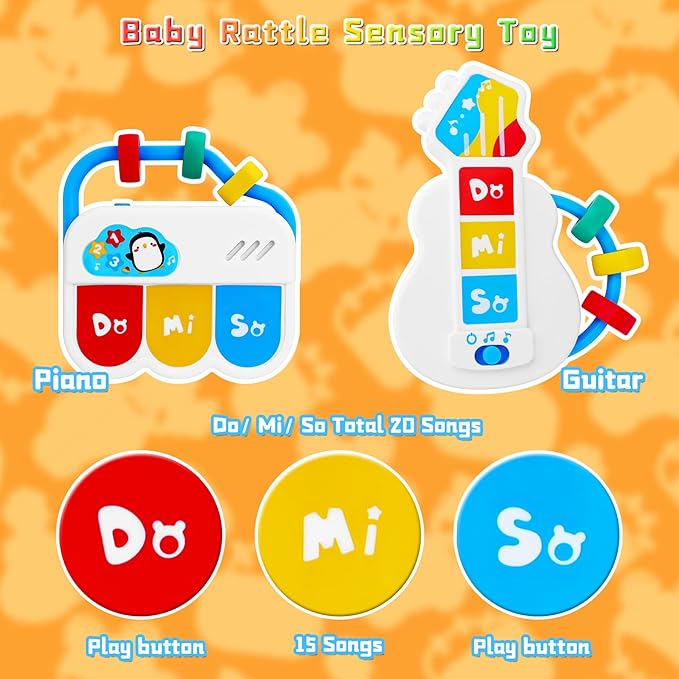 Baby Sensory Toys - 5PCS Baby Rattle Teething Toys Kits with Music, Infant Newborn Montessori Toys for Boys Girls 0-18 Months, Toddler Travel Toys Christmas
