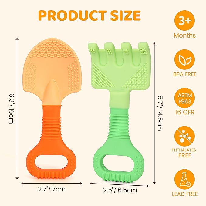 Baby Teething Toys, Baby Teether Toys Shovel & Rake Silicone Teethers for Babies 0-6 Months 6-12 Months, Multi-Texture Gum Massage Teething Relief Easy Grip for Infants Newborn Toddler, 2 Pack