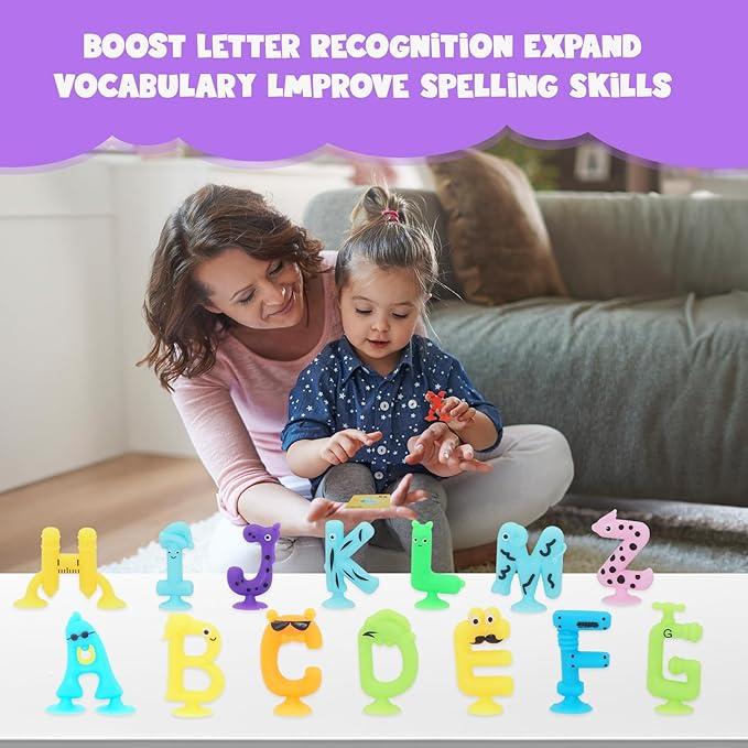 Alphabet Letters Learning Suction Toys: ABC Silicone Toys, Airplane/Windows/Car/Travel Toy for Kids, Preschool Educational Montessori Sensory Toy