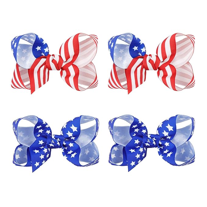YanJie 4th of July 3'' Bow Hair Clips 4pcs Red Blue Ribbon Star Baby Girl Clips American Flag Clips Patriotic Hairpins Girls Hair Accessories