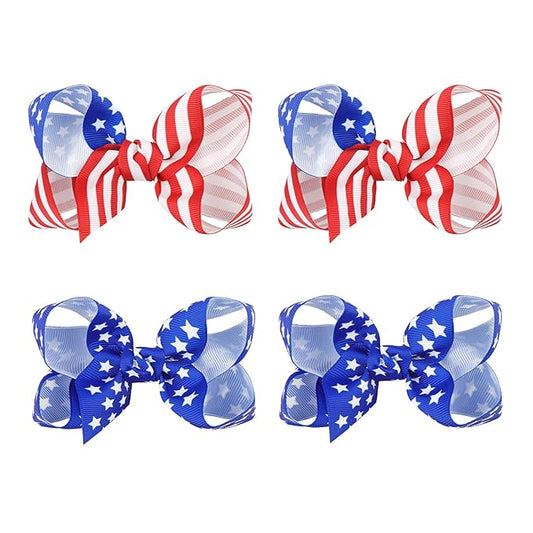 YanJie 4th of July 3'' Bow Hair Clips 4pcs Red Blue Ribbon Star Baby Girl Clips American Flag Clips Patriotic Hairpins Girls Hair Accessories