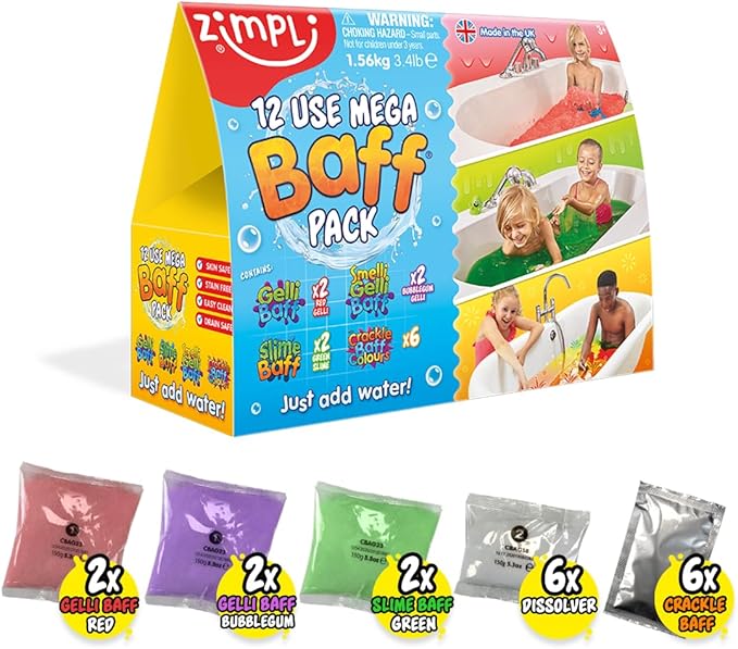ZIMPLI 12 Use Mega Value Baff Pack from Kids, 4 x Gelli Baff, 2 x Slime Baff & 6 x Crackle Baff, Perfect Xmas Present, Green, Red