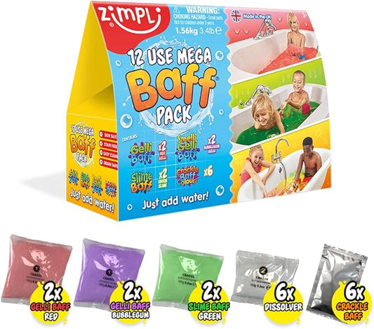 ZIMPLI 12 Use Mega Value Baff Pack from Kids, 4 x Gelli Baff, 2 x Slime Baff & 6 x Crackle Baff, Perfect Xmas Present, Green, Red