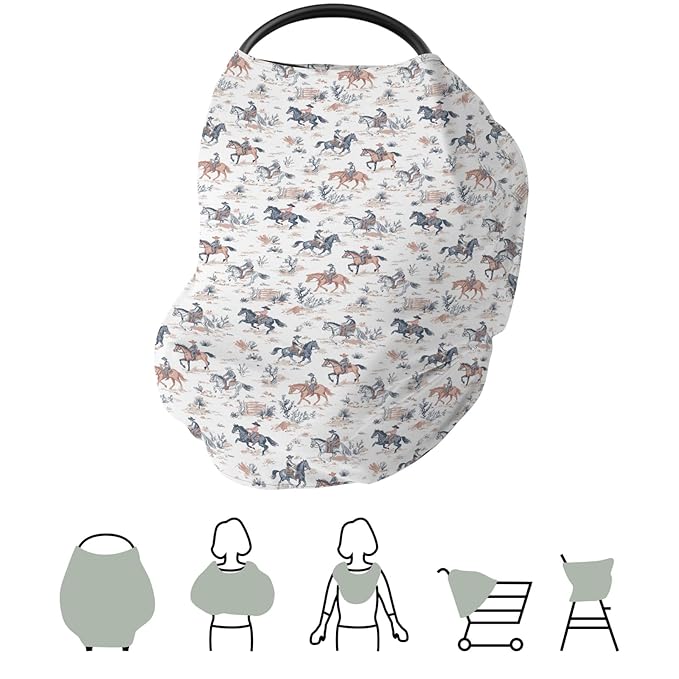 Boho Western Cowboy Car Seat Covers for Babies Vintage Cowboys Horse Stretchy 5-in-1 Cover Adjustable Infant Carseat Canopy Cover Wild West Desert Breathable Nursing Cover-Up
