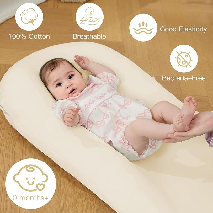 Lucakuins Baby Support Cushion, 0-24 Months Newborn Infant Support Cushion with Cover, Portable Tummy Time Mat for Home and Travel, Soft Cotton, Supervised Use, Baby Essentials Gift (White)