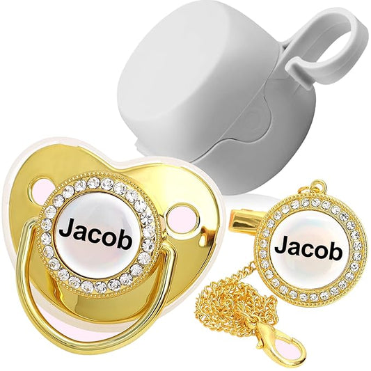 Personalized Pacifier with Name, Bling Gold Pacifier Clip Set Storage Box, Customized Glitter Crystal Luxurious Soother Ideal Gift for Boys Baby Shower Photography Newborn (Golden-Grey)