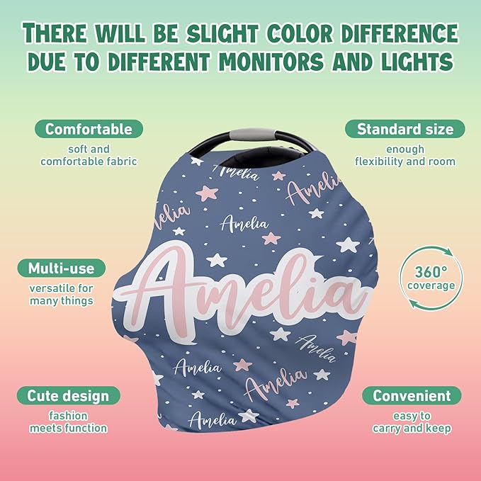 Personalised Car Seat Cover for Girls and Boys - 7 in 1 Multipurpose Breast Feeding Cover, Blue Star Nursing Cover, Grocery Cart Cover - Birthday Gift for Babies