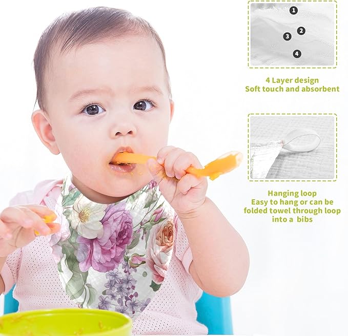 Bolaz Baby Gauze Towels for Kids Soft Handkerchief Newborn 100% Cotton Pink Rose Flower Butterfly Green Leaves Absorbent 12x12 Inch 3 Pack