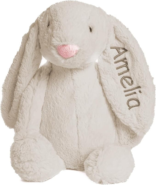 Personalized Super Soft Plush Bunny - Stuffed Animal Toy for Kids - Custom Gift with Embroidered Name on Ear for Easter, (Beige, Medium)
