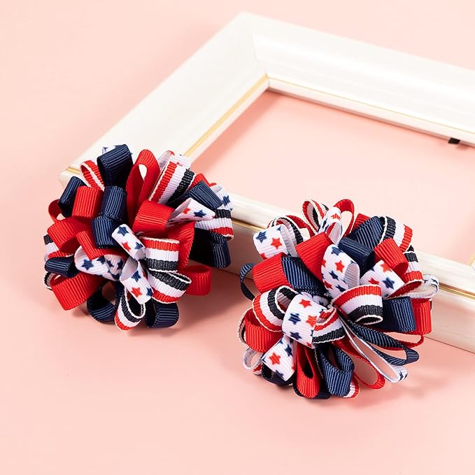 4th of July Korker Hair Bow Clips Girls Patriotic Curly Corker Cheer Pompom Loopy Bow Alligator Barrettes Red White Blue Stars Stripes Ribbon Accessories Kids Xmas Gift