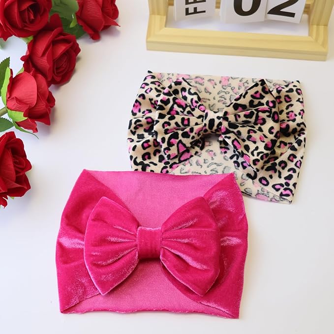 Velvet Pink Leopard Baby Headbands Big Bows for Baby Girls Velvet Soft Hairbands Bows Wide Head Wrap Rose Hair Accessories for Newborn, Infant Toddlers 0-6Months