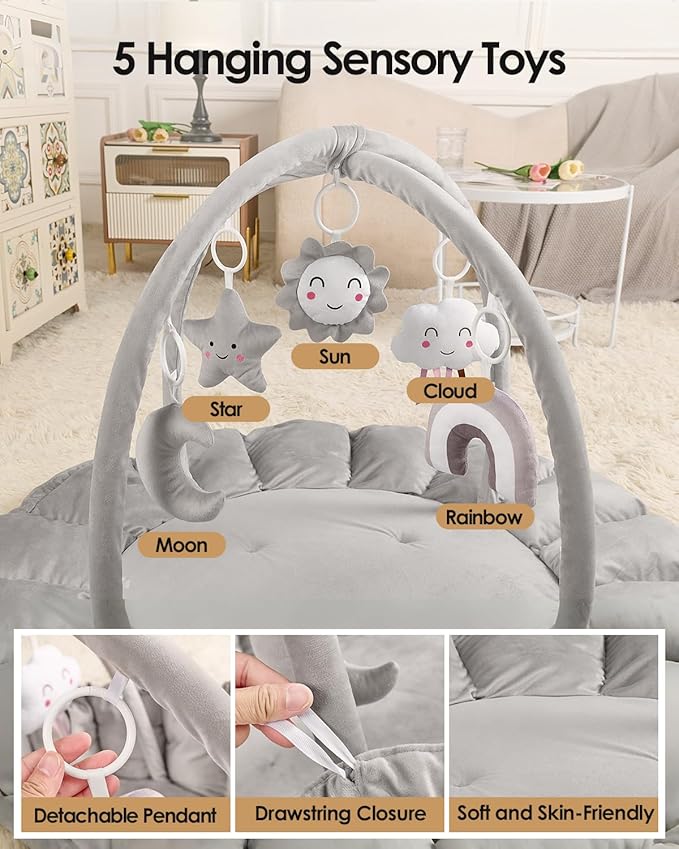 5-in-1 Convertible Baby Gym Play Mat with Hanging Toys, Soft Padded Activity Center & Ball Pit, Plush Tummy Time Mat for Newborns to Toddlers, Machine Washable, Gray