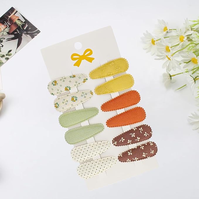 12 Pcs Floral and Solid Baby Hair Clips - 6 Styles Snap Barrettes (2 Each) for Girls & Toddlers, Non-Slip Toddler Hair Clips for Easy Outfit Matching