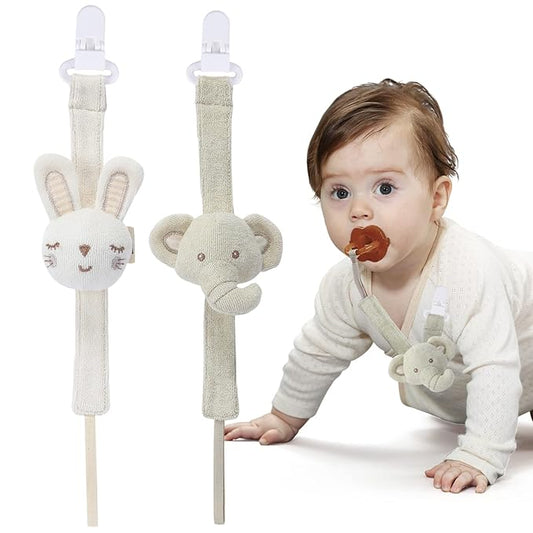 Pacifier Clip, 2 Pack Baby Pacifier Holder for Boys and Girls Fits Many Pacifiers & Baby Teething Toys, Ideal Baby Gift (Elephant&Rabbit)