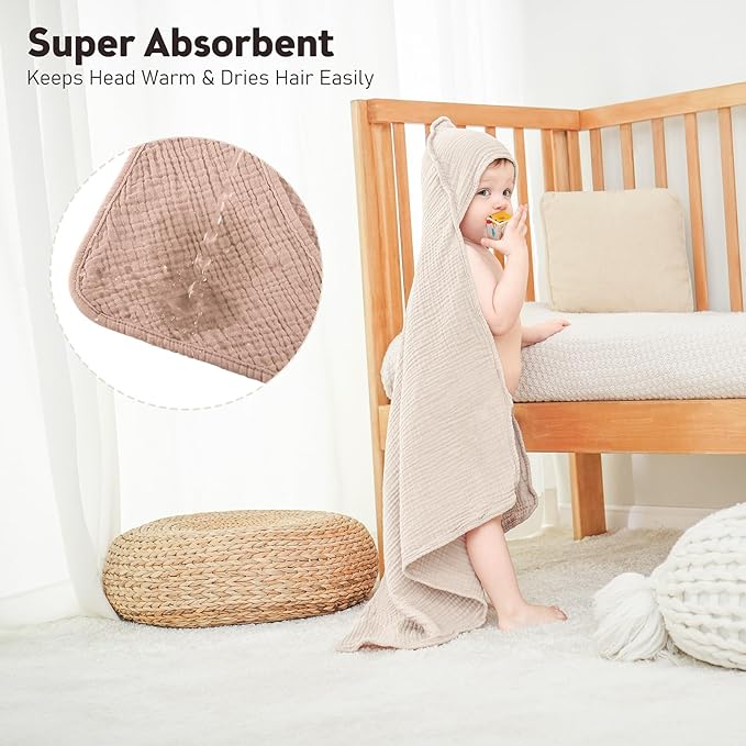 Susurration 2 Pack Thick Muslin Baby Towels, 100% Cotton Soft and Absorbent Baby Bath Hooded Towel for Newborn, Infant, Girls, Boys, Baby Essentials