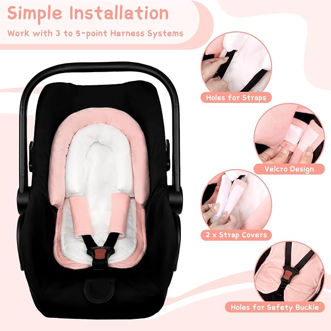 Pea Pod Upgraded 2-in-1 Baby Car Seat Insert Cushion Pad, Extra Soft Infant Car Seat Head Support for Newborn, Perfect for Carseat, Stroller, Swing, Bouncer, Pink