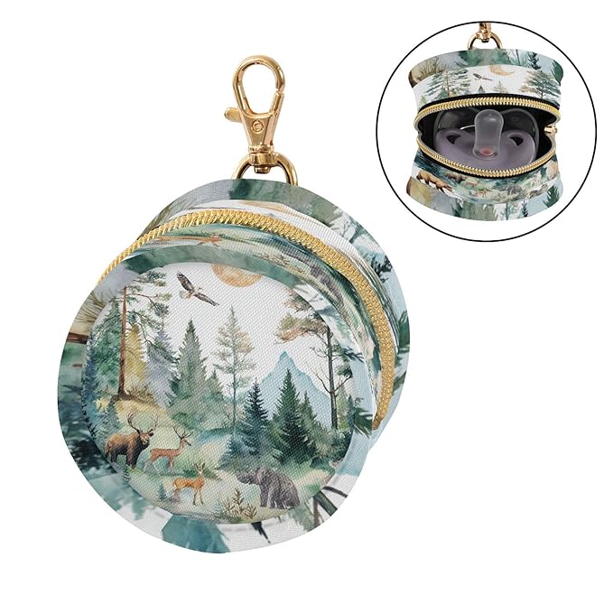 Pacifier Holder with Clip Pacifier Case for Diaper Bag Round Baby Pacifier Pouch Box Bag Portable White Moon Deer Bear Trees Stream
