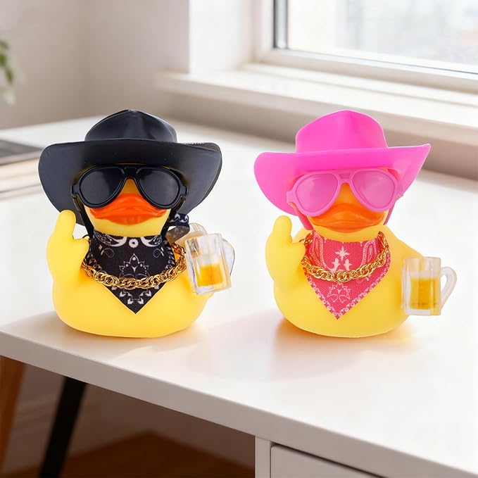 2pcs Funny Rubber Ducks for Dashboard, Cute Car Rubber Cool Duck Ornament with Mini Glasses Hat Scarf Accessories Decor for Home Office Refrigerator Decoration (Pink, Black)