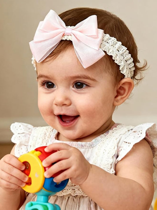 Baby Girls Hairbands Bow Lace Headband Handmade Soft Stretchy Pink Bowknot Hairbands Newborn Hairband with Bows Elastic Hair Bands for Kids Infant(Glossy Pink Bow