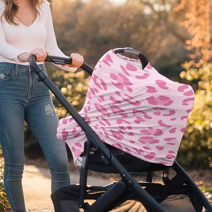 Forchrinse Pink Leopard Print Car Seat Cover for Babies Girls Breastfeeding Nursing Cover Infant Carseat Canopy Stroller Cover Soft and Breathable