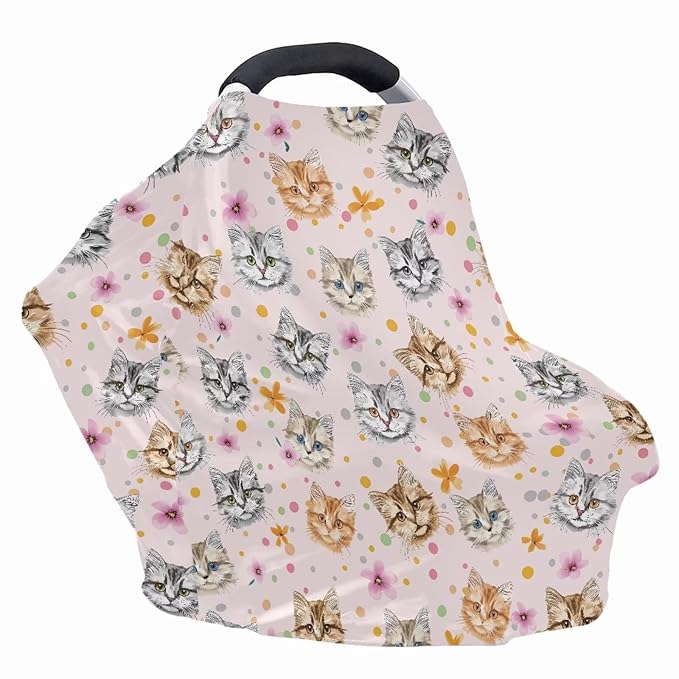 Biyejit Cat Flowers Breathable Car Seat Cover for Babies – Multi-Purpose Soft Rayon Nursing Cover for Breastfeeding, Stretchy Infant Carseat Canopy, Stroller Cover