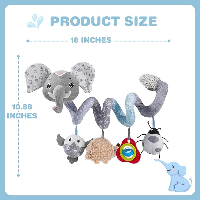 Jollybaby Crib Stroller Car Seat Toys for Baby 0-3-6-9-12 Months, Tummy Time Hanging Sensory Toys for Newborn with Music Box and Teether, Spiral Carseat Toy for Boys Girls Gifts (09-Sz Gray Elephant)