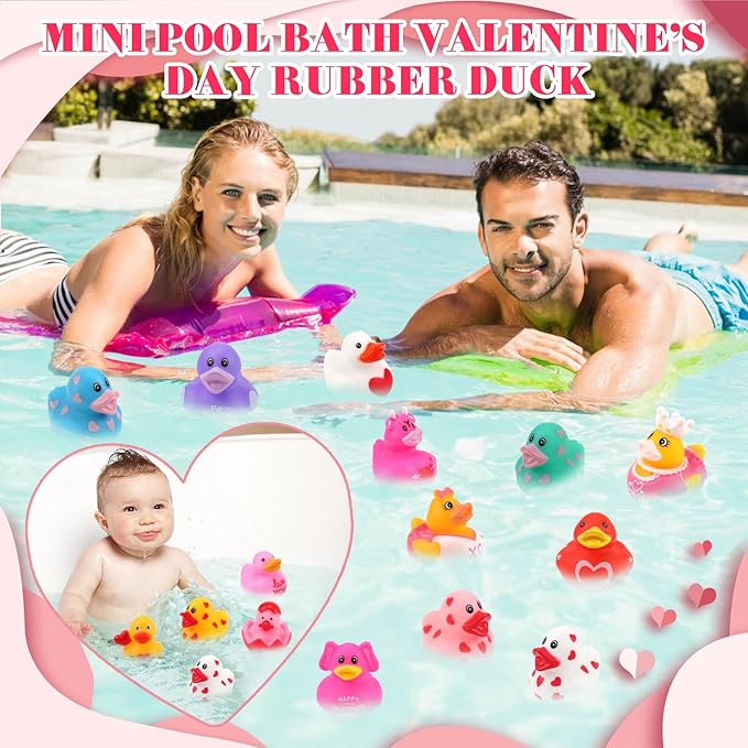 50 Pcs Rubber Duck, Valentines Ducks for Jeeps Ducking, Random Assortment Mini Rubber Duckie Toys for Kids Baby Bath Shower Toys Cute Heart Ducks for Party Favors Classroom