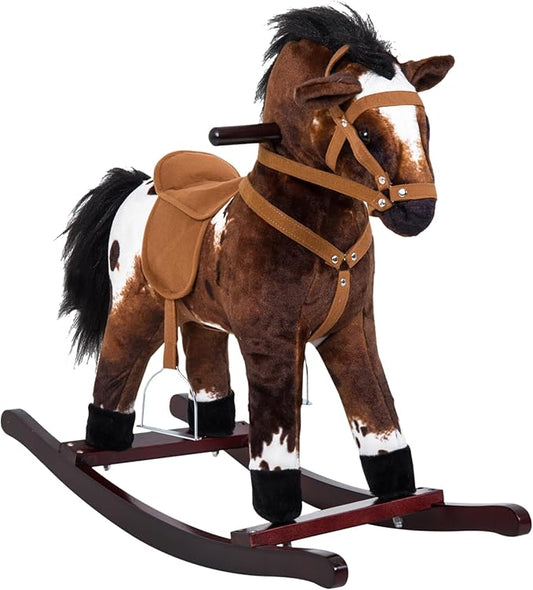 Qaba Kids Wooden Plush Ride-On Rocking Horse Chair Toy with Realistic Sounds Dark Brown/White
