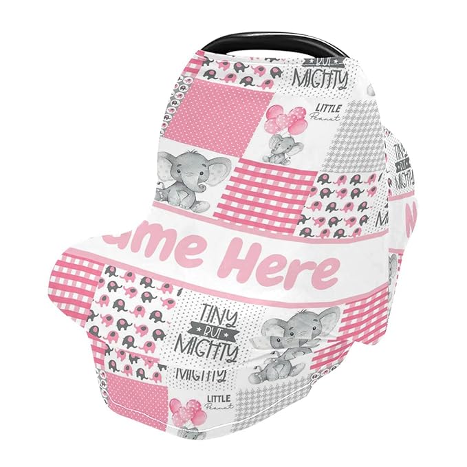 Personalized Elephant Pink Baby Car Seat Cover for Babies with Name, Custom Plaid Design Baby Car Seats Canopy for Girls, Nursing Breastfeeding Stroller Covers Infant Car Seat Blanket for Newborn