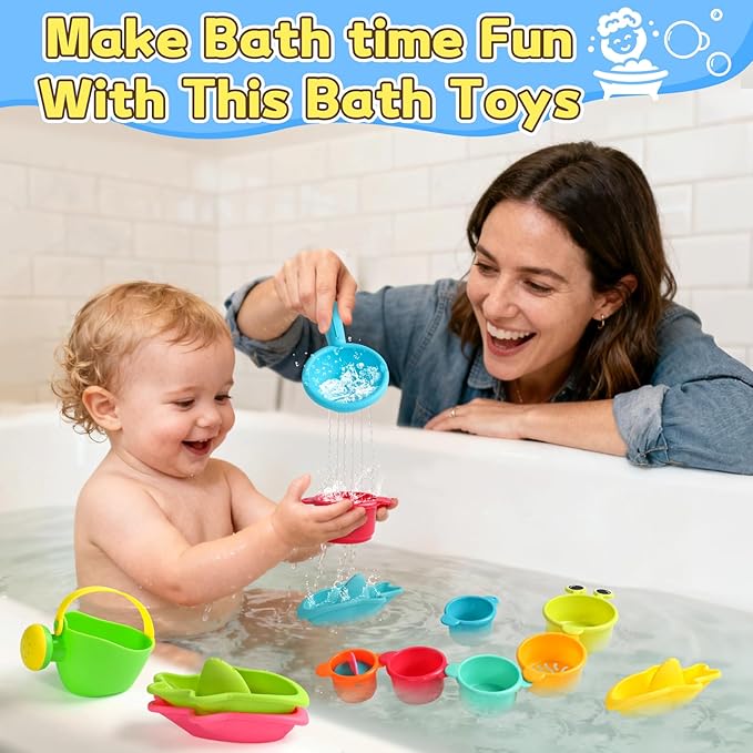 Zeewoo Baby Bath Toys for Kids Ages 1-3 Toddler Bath Toys Mold Free Bathtub Toys for 12+ Months Pool Water Table Beach Sand Toys Stacking Cups Floating Boats for 1+ Years Old Girls Boys Gifts 13 PCS