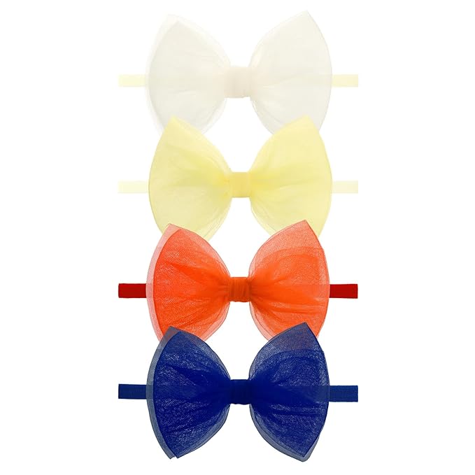 4 Pcs 4.5’’ Organza Lace Bow for Baby Girls Orange Headbands Blue Mesh Hair Bows Baby Shower Gifts for Newborn Infant Toddler Girl