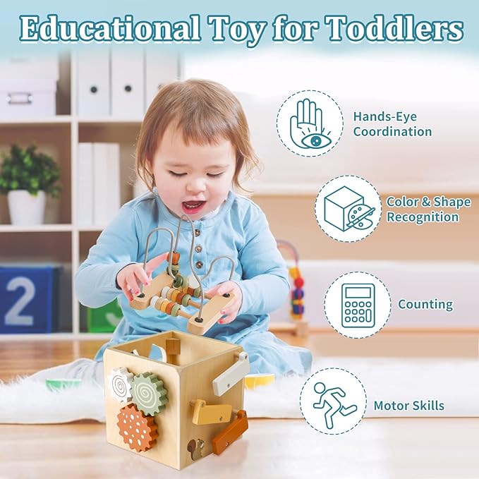 Wooden Kids Baby Activity Cube - Boys Gift Set | One 1, 2 Year Old Boy Girl Gifts Toys | Developmental Toddler Educational Learning Boy Toys 12-18 Months | Bead Maze, First Birthday Gift