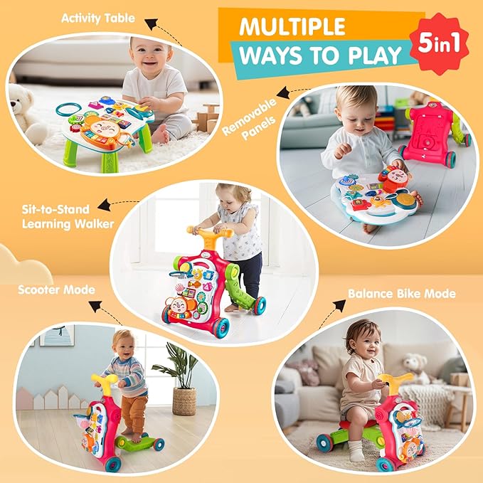AuntyFey Baby Walker, 5 in 1 Push Walker, Baby Walking Walkers Push Toy for Girls, Girl Toddler Push Toy, Infant Walker, OrangeRed