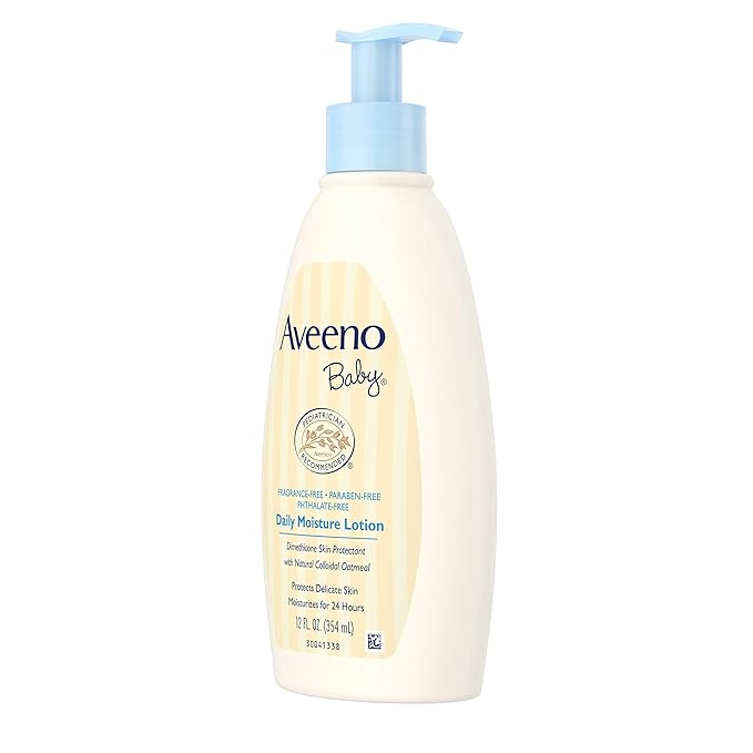 Aveeno Baby Daily Moisture Body Lotion for Sensitive Skin, Hypoallergenic Moisturizing Baby Lotion with Nourishing Oatmeal to Deeply Moisturize Baby's Skin, Fragrance-Free, 12 fl. oz