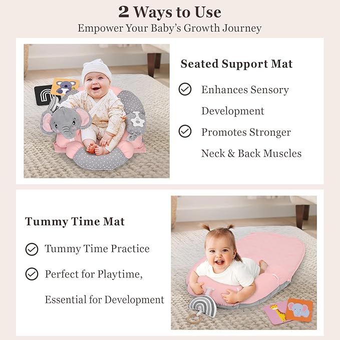 4 in 1 Tummy Time Mat with Educational Cards, Play Mat & Sitting Support for Newborn 0-12 Months, Infant Baby Sit Me Up Floor Seat, Sensory Skills Gifts, Elephant