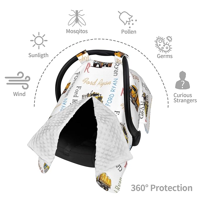 Custom Baby Car Seat Canopy Personalized Car Seat Covers with Name for Baby Boys Girls Customized Construction Truck Nursing Breastfeeding Cover Infant Carseat Canopies Newborn Baby Blanket