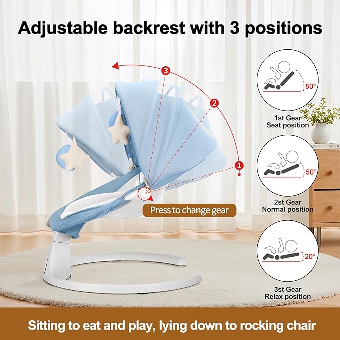 Baby Swing 3 in 1 Multifunctional Infant Rocker, Portable with Remote Control, 5-Point Seat Belt, 5 Auto Rocking, 3 Speed Timer, Electric with Music (0-12 Months) (Blue)