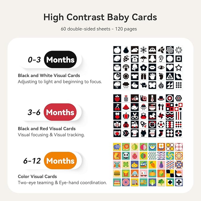 IEATFO Rotating Baby Safe Mirror with 120 Pages Visual Stimulation Cards - Wooden Tummy Time Mirror Toys - Black White Red and Color High Contrast Baby Flashcards for Brain and Cognitive Development