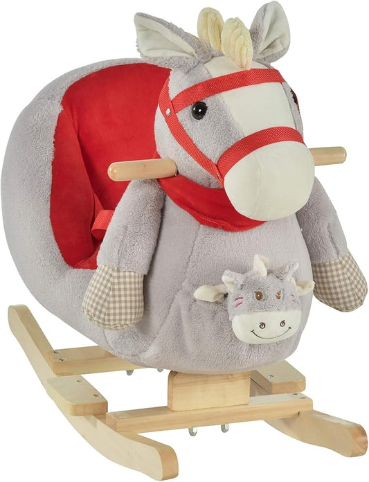 Qaba Kids Ride-On Rocking Horse Toy, Rocker with Lullaby Song, Hand Puppets & Soft Plush Fabric for Children 18-36 Months, Gray