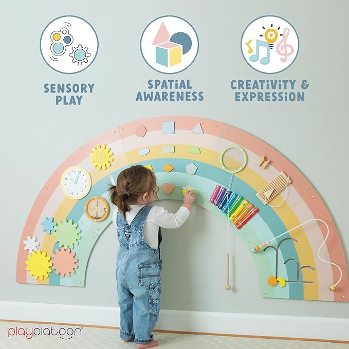 Play Platoon Kids Sensory Wall Panel, Activity Wall Busy Board Toys for Toddlers 1-3, Sensory Board - 64x32 inch Neutral Wooden Rainbow with 11 Activities for Montessori Playroom