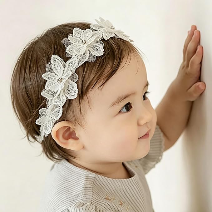 Baby Girls Flower Headbands Cute Kids Christening Headband Soft Lace Hairbands Floral Crown Newborn Infant Toddlers Hair Accessories for Birthday Party Photography(White Rhinestones Pearl)
