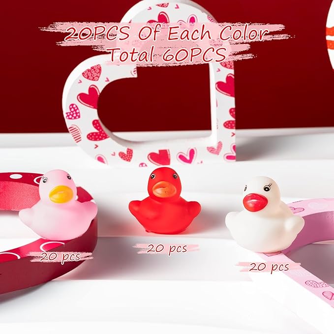 Haooryx Valentine's Exchange Gifts Bulk - 60-Piece Valentine's Day Mini Rubber Duckies Cute Red Squeak Duck Kids' Multi-Item Party Favor Pack Classroom Exchanges Holiday School Game Rewards Goodie Bag