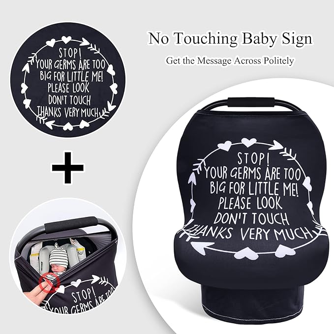 Metplus No Touch Sign Car Seat Cover for Babies, Mom Nursing Covers Breastfeeding Scarf, Multi Use Infant Carseat Canopy for Newborn Carrier/Stroller/Shopping Cart for Boy Girl，Black