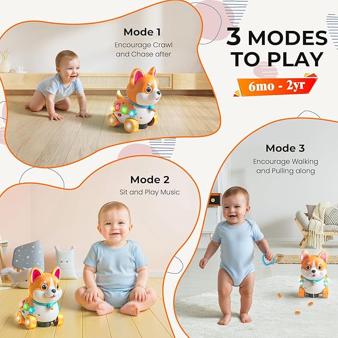 Musical Toys for 6 Month - 3 Year Old Boy Girl, Baby Toys Bilingual Educational with Music Light, Crawling & Walking Puppy for Birthday (Orange)