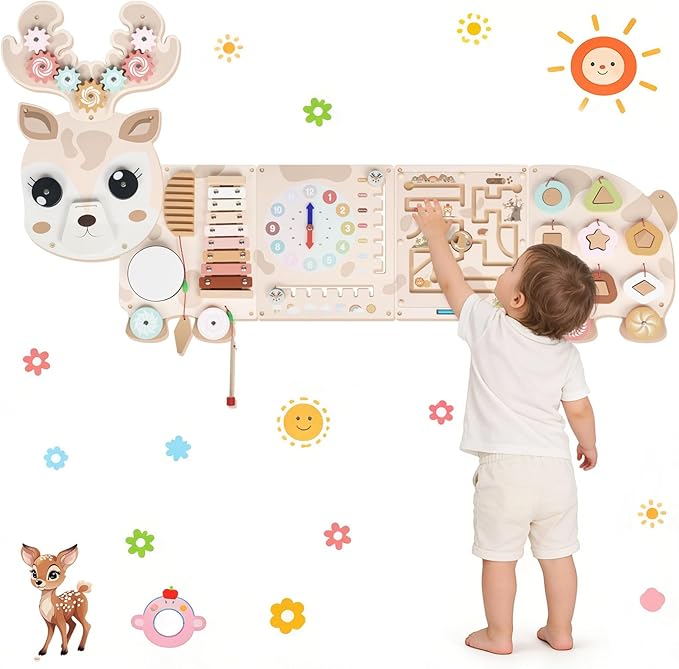 Reindeer Activity Wall Busy Board Panels, 12-in-1 Sensory Wall Panel for Kids, Toddler Montessori Learning Activity Center, Perfect for Toddler Playroom Nursery Classroom Dentist Waiting Room