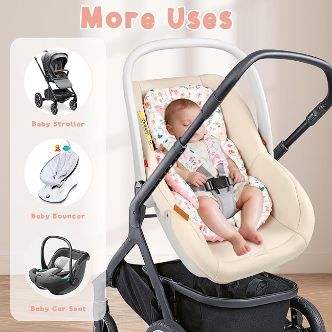 GFU Infant Car Seat Insert Head and Body Support, Reversible Newborn Insert for Carseat with Strap Pads, Soft Stroller Cushion Pillow Insert for Boys and Girls, Fits for Stroller, Swing, Pink Bow